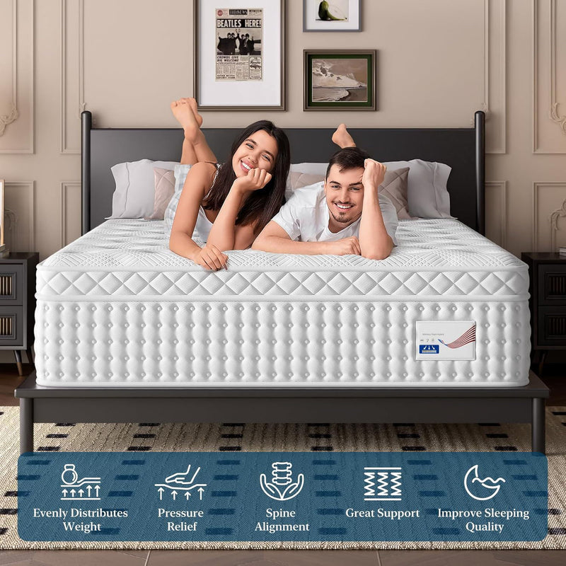 12" King Hybrid Mattress, Memory Foam & Pocket Spring Bed, Medium Firm Comfort, Spine Support, Quiet & Breathable - White - R&R Furniture Gallery (Fountain Valley, CA)