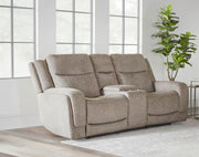 Penfield Power Zero G console loveseat by Parker Living with heat, massage, and built-in speakers in frappe upholstery.