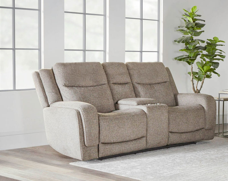 Penfield Power Zero G console loveseat by Parker Living with heat, massage, and built-in speakers in frappe upholstery.