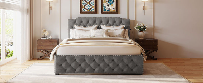 Upholstered Platform Bed With 2 Drawers And 2 Sets Of USB Ports On Each Side, Fabric - R&R Furniture Gallery (Fountain Valley, CA)