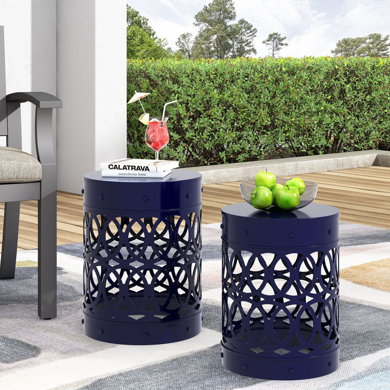Set of two Noble House Delight powder coated iron end tables with sleek, modern design and round tabletops.