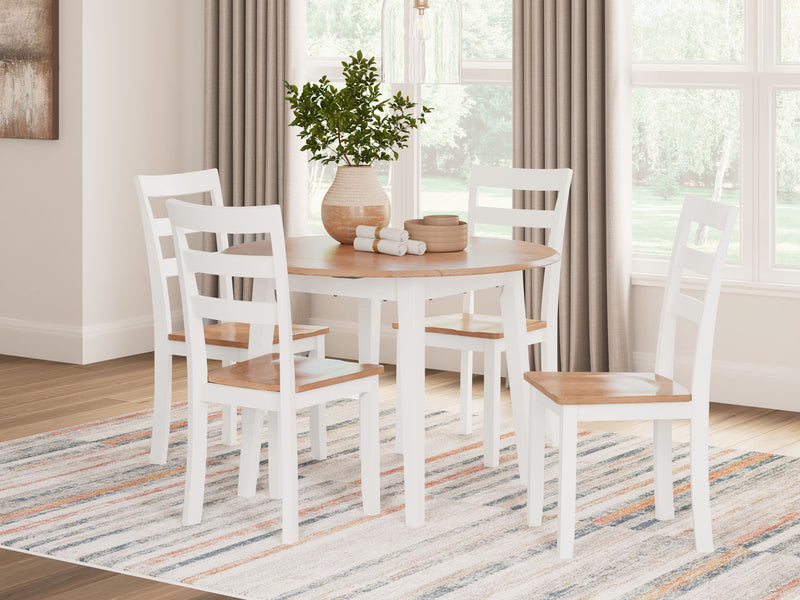 Signature Design by Ashley Gesthaven round drop leaf dining table with four matching chairs, 5-piece dining room set.