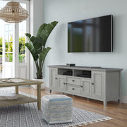 Wide TV media stand from Simpli-Home Amherst collection, featuring a spacious surface and storage compartments for media devices.