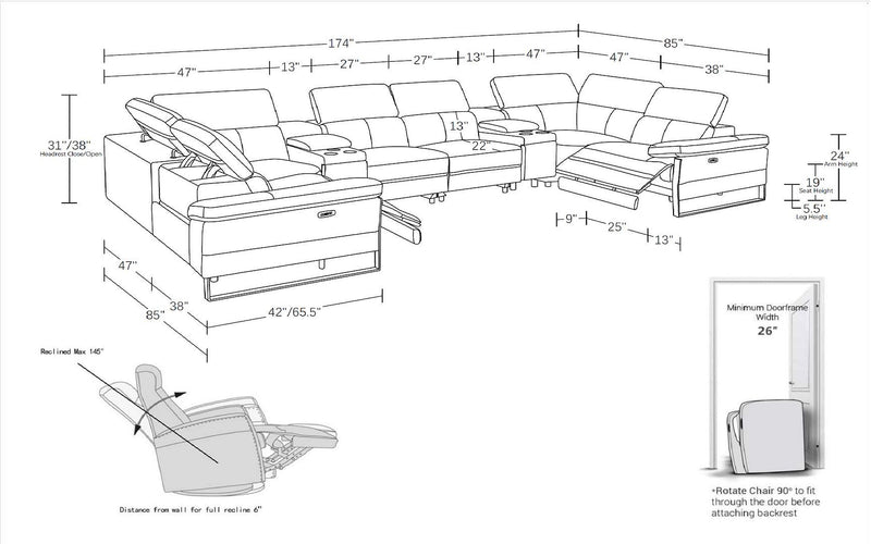 1246 - 8-Piece U-Shaped Modular Power Reclining Sectional With 4 Power Recliners And Power Headrest