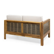 Outdoor 4-piece Acacia wood chat set by Noble House with wicker accents and beige cushions, ideal for patio or garden seating.
