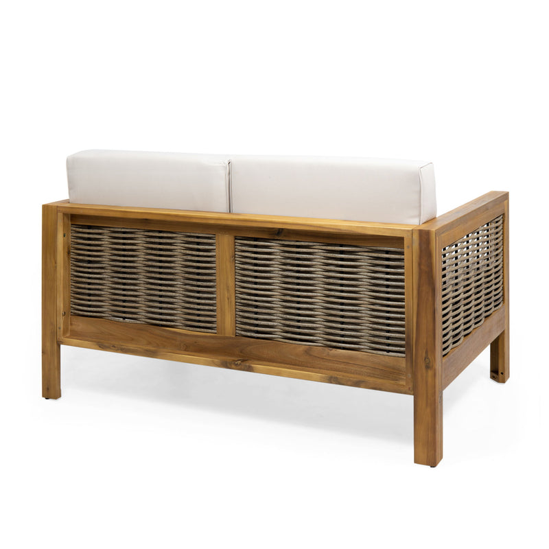 Outdoor 4-piece Acacia wood chat set by Noble House with wicker accents and beige cushions, ideal for patio or garden seating.