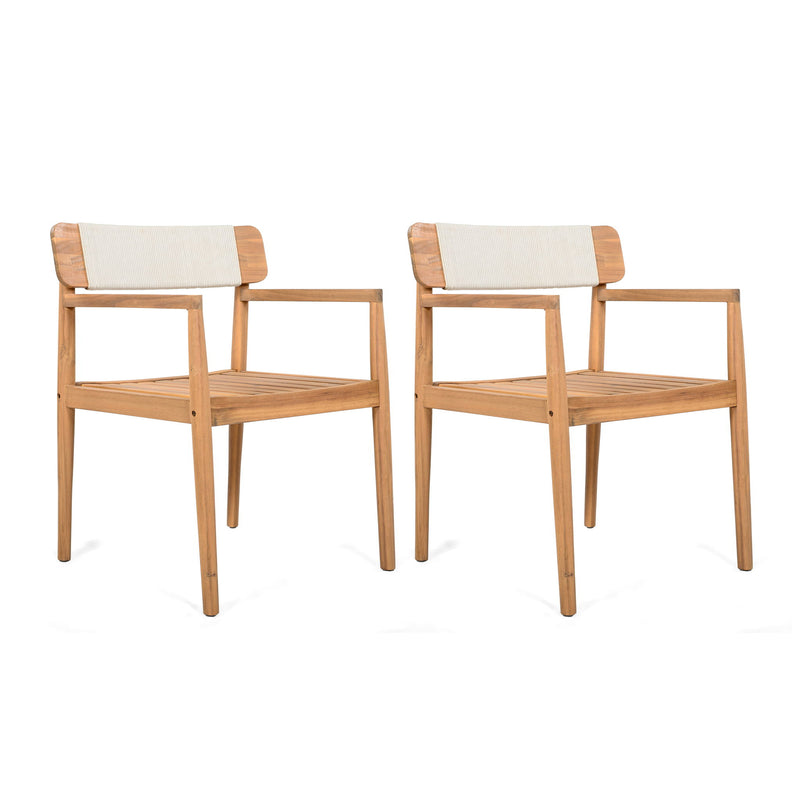 Creative Braided Acacia Wood Outdoor Dining Table And Chairs With Armrests (Set of 2) - Teak / White - R&R Furniture Gallery (Fountain Valley, CA)