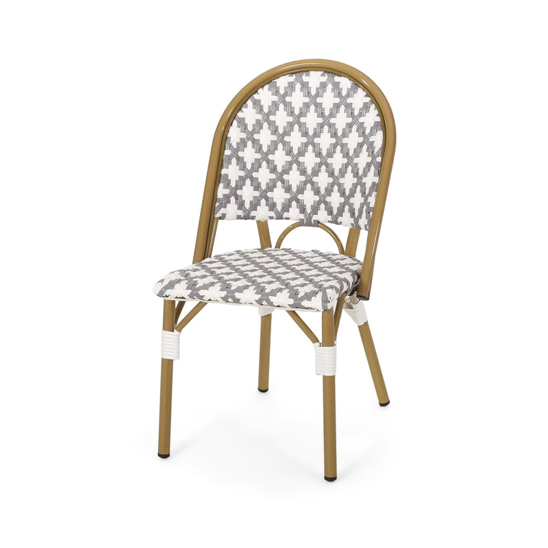 Noble House chic French bistro armless chair with durable rattan seat and aluminum frame, perfect for stylish outdoor dining.