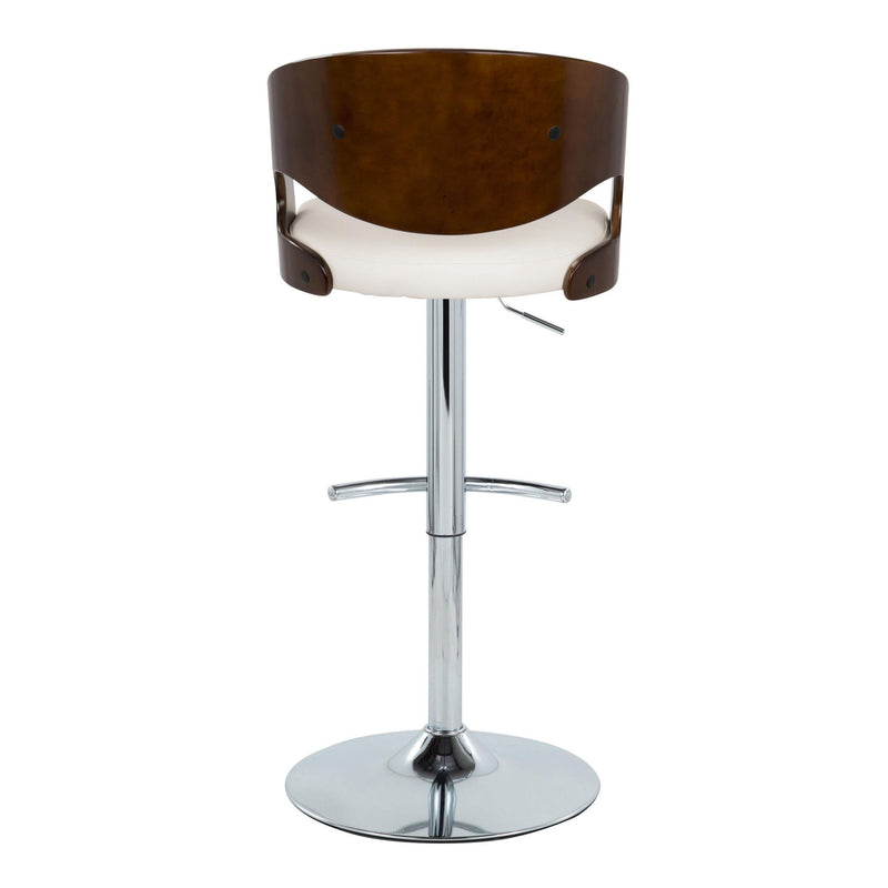 Set of two Lumi Source Pino mid-century modern adjustable barstools with swivel, chrome frame, cherry seat, and rounded T footrest.