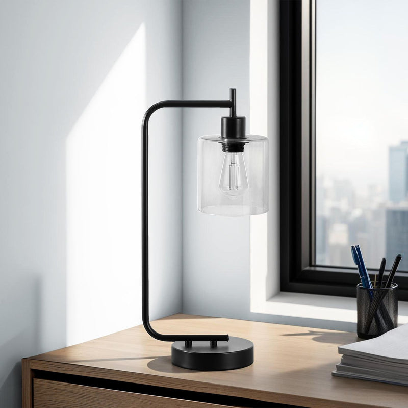 Modern black 8th Street table lamp with glass shade and built-in USB port, perfect for stylish bedside or desk lighting.