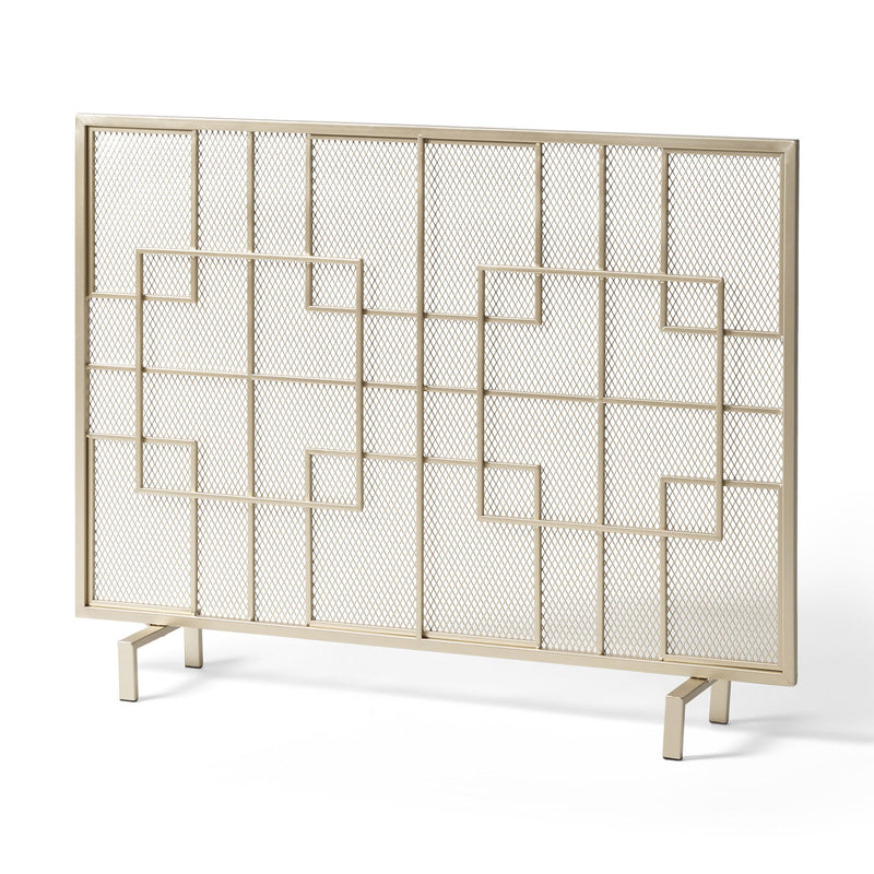 Modern single panel iron fire screen by Noble House featuring a sleek design for fireplace safety and decor.