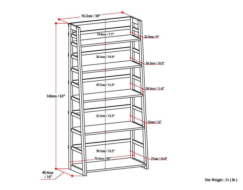 Simpli-Home Acadian handcrafted ladder shelf bookcase with multiple wooden shelves and a natural finish, ideal for stylish storage.