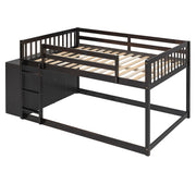 DreamHaus bunk bed with built-in four drawers and three shelves, featuring a sturdy wood frame and space-saving design.