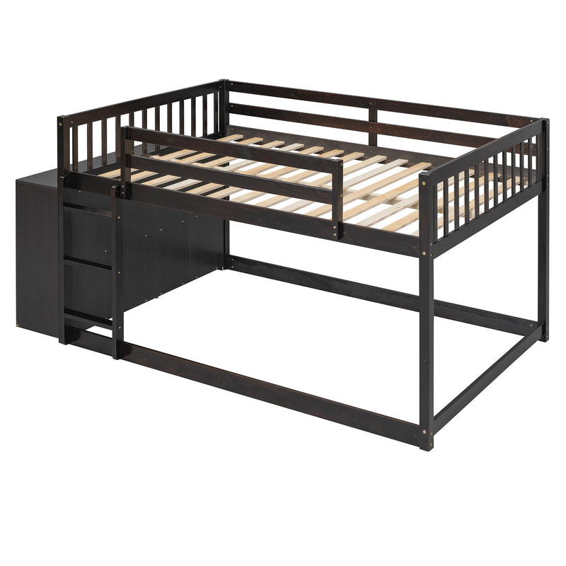 DreamHaus bunk bed with built-in four drawers and three shelves, featuring a sturdy wood frame and space-saving design.