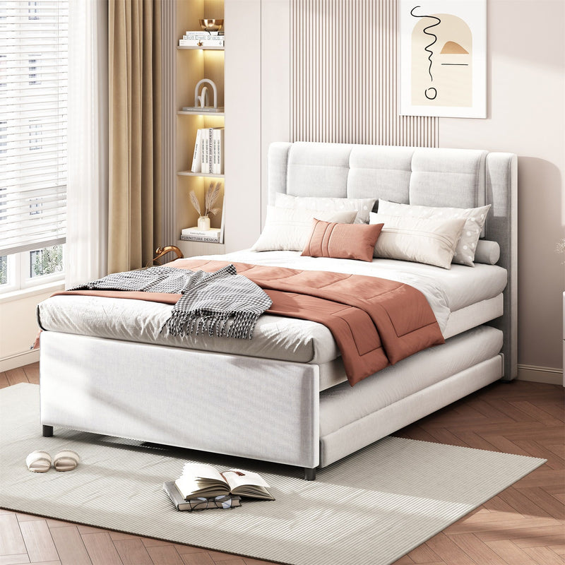 Upholstery Platform Bed With Trundle, Trundle Can Be Flat Or Erected - R&R Furniture Gallery (Fountain Valley, CA)