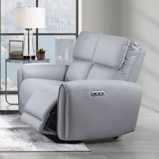 Gray synthetic leather Jeromie power motion loveseat with USB port by ACME, featuring reclining seats and modern design.