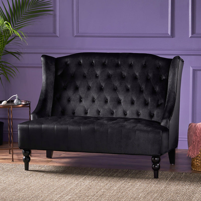 Noble House upholstered loveseat with wingback design, diamond tufting, and plush seating for a stylish, stationary furniture piece.