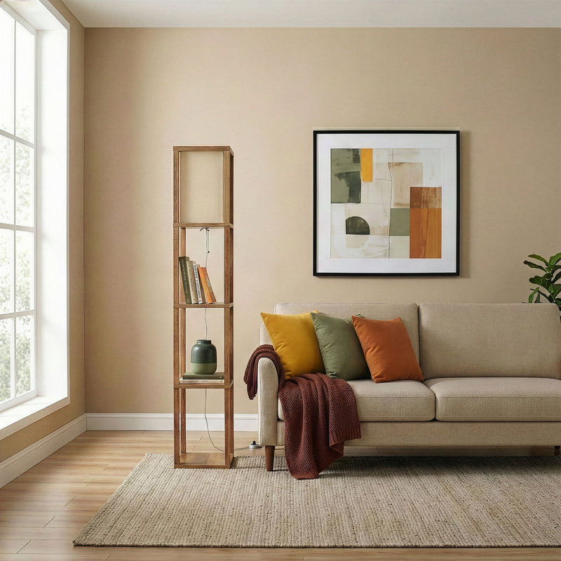 Pinnacle - Shelf Floor Lamp For Bedroom / Living Room, Long Shade - Natural Wood / White - R&R Furniture Gallery (Fountain Valley, CA)