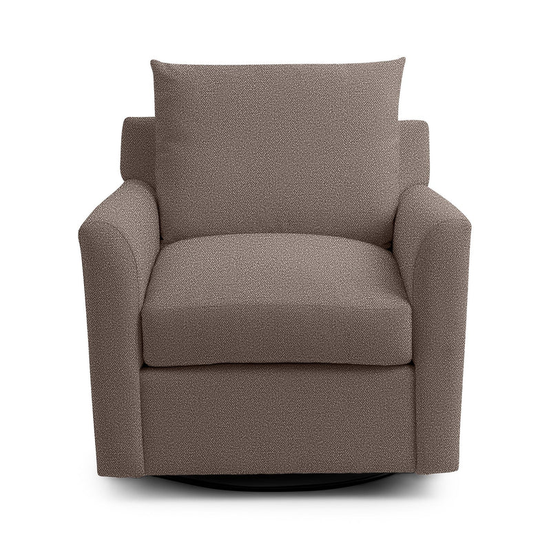 Classic Home Olivia swivel chair with a plush fabric seat and curved backrest, set on a rotating base for comfort and style.