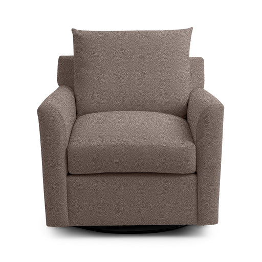 Classic Home Olivia swivel chair with a plush fabric seat and curved backrest, set on a rotating base for comfort and style.