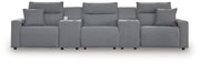 Signature Design by Ashley Modmax II reclining sectional in salt and pepper fabric, featuring plush cushions and reclining seats.
