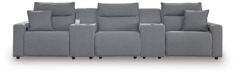 Signature Design by Ashley Modmax II reclining sectional in salt and pepper fabric, featuring plush cushions and reclining seats.
