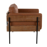 Lumi Source Kari farmhouse design accent chair with wooden legs and cozy fabric upholstery, perfect for living room decor.