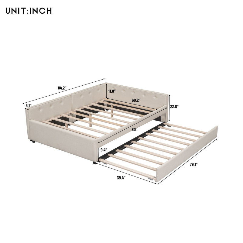 Queen Size Upholstered Platform Bed With USB And Twin Trundle - Beige - R&R Furniture Gallery (Fountain Valley, CA)