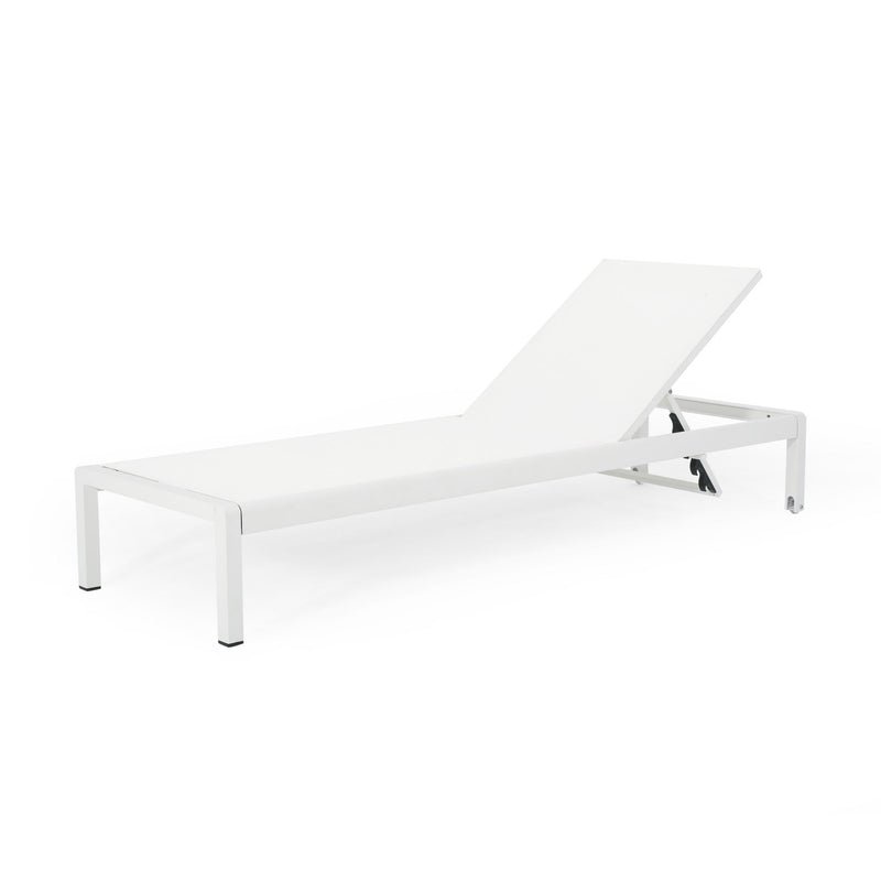Noble House outdoor patio chaise lounge with five reclining positions, featuring a cushioned seat and durable frame for outdoor relaxation.