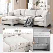 Luxe & Co. modern cloud L-shaped sectional sofa with oversized chaise, four seats, and two decorative pillows in a stylish living room setting