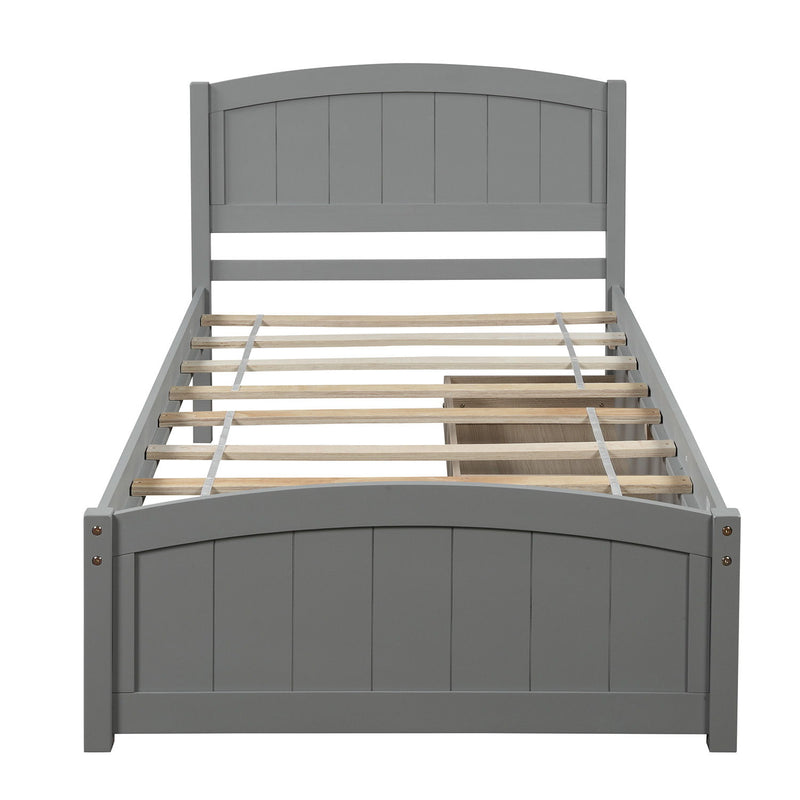 DreamHaus platform bed with matching headboard, footboard, and wood slat support, showcasing a modern wooden bedroom furniture set.