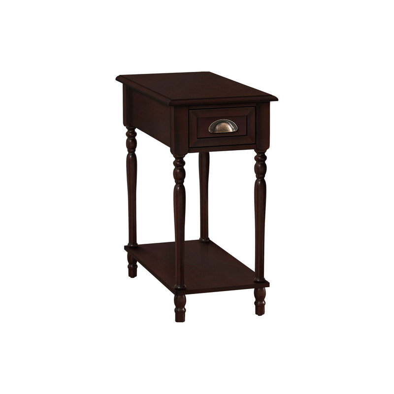 8th Street accent side table with 2 tiers, storage drawer, traditional style, featuring a sleek wooden finish and decorative design.