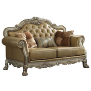 Dresden - Loveseat With 3 Pillows - Bone Synthetic Leather & Gold Patina - R&R Furniture Gallery (Fountain Valley, CA)