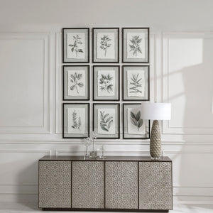 Set of 9 farmhouse floral framed prints by Uttermost featuring black frames and vibrant floral artwork.