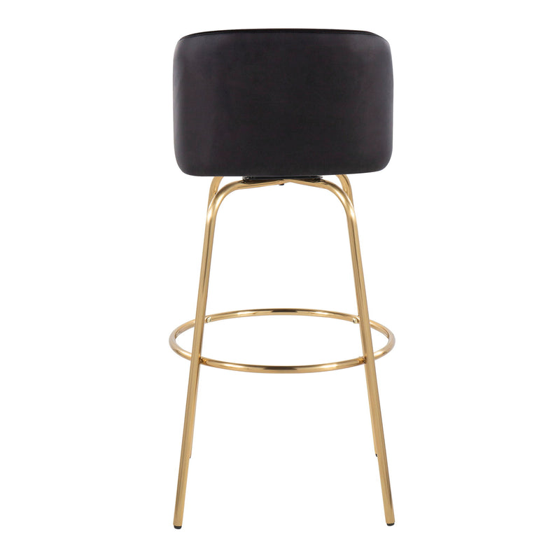 Set of two Lumi Source Toriano contemporary fixed height barstools with swivel seats and round footrests, featuring sleek modern design.