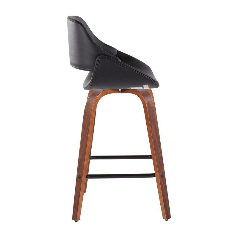 Pair of Lumi Source Fabrico Mid-Century Modern counter stools with wooden legs and upholstered seats, set of two.