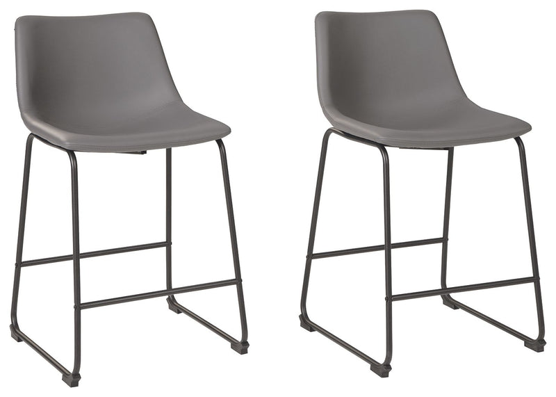 Pair of Signature Design by Ashley Centiar upholstered barstools with padded seats and wooden legs, set of two for kitchen or bar area.