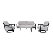 Life Outside 4-piece outdoor conversation set with chairs, bench sofa, tables, and Sunbrella cushions on patio.