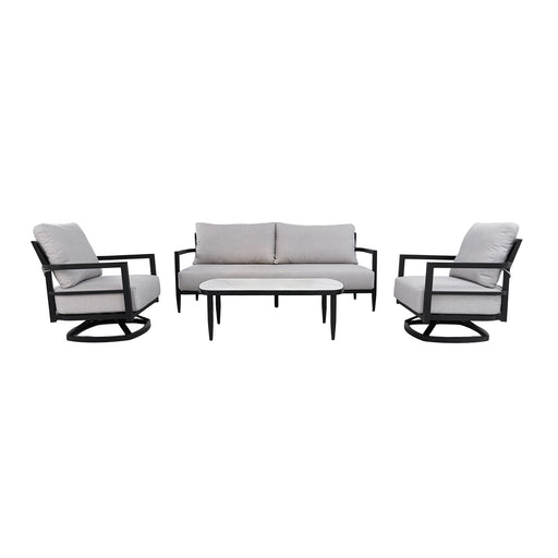 Life Outside 4-piece outdoor conversation set with chairs, bench sofa, tables, and Sunbrella cushions on patio.