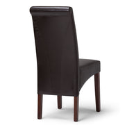 Set of two Avalon Deluxe Parson dining chairs by Simpli-Home with beige upholstered seats and dark wood legs.