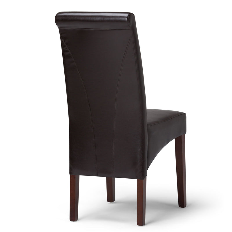 Set of two Avalon Deluxe Parson dining chairs by Simpli-Home with beige upholstered seats and dark wood legs.