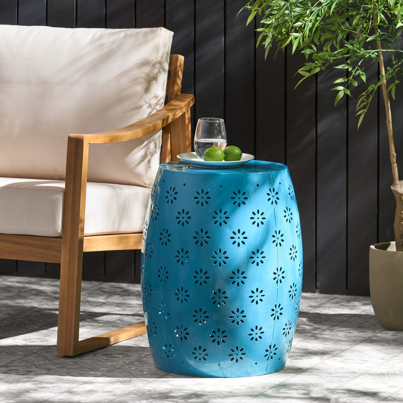 Noble House Soleil barrel-shaped side table with smooth wooden finish and rounded design, ideal for modern living spaces.