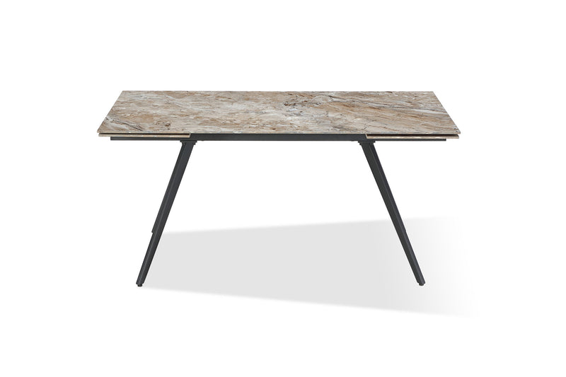 Lucia Double Extension Stone Top Metal Leg Dining Table in Rich Brown and Black