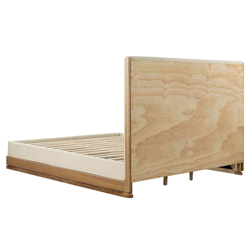 ACME Zoey upholstered bed with a padded headboard and fabric upholstery, showcasing a modern bedroom furniture design.