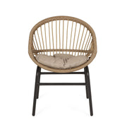 Set of two Noble House outdoor accent chairs with curved backs and basket frames in light brown and beige.