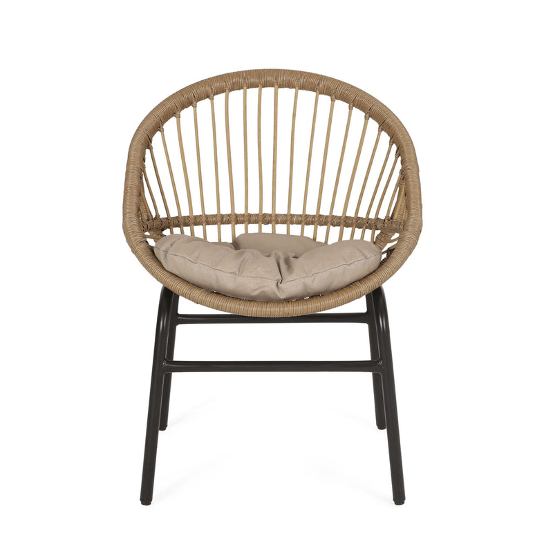 Set of two Noble House outdoor accent chairs with curved backs and basket frames in light brown and beige.