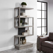 Modern Pearl Silver Nicasia etagere by Uttermost, featuring sleek metal shelves and a contemporary design.