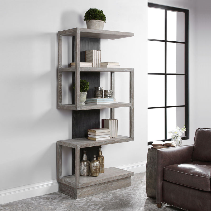 Modern Pearl Silver Nicasia etagere by Uttermost, featuring sleek metal shelves and a contemporary design.