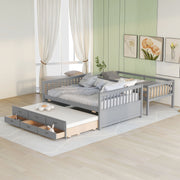 DreamHaus bunk bed with twin size trundle and built-in drawers, featuring a sturdy wooden frame and space-saving design.