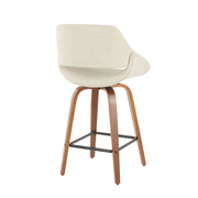 Set of two Lumi Source Fabrico mid-century modern counter stools with wooden legs and upholstered seats.